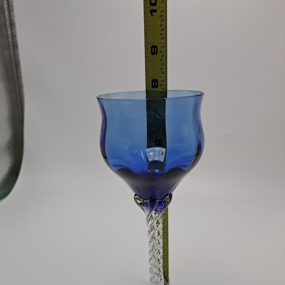 Vintage Blue Glass Goblet With Twisted Clear Stem - Picture 6 of 6